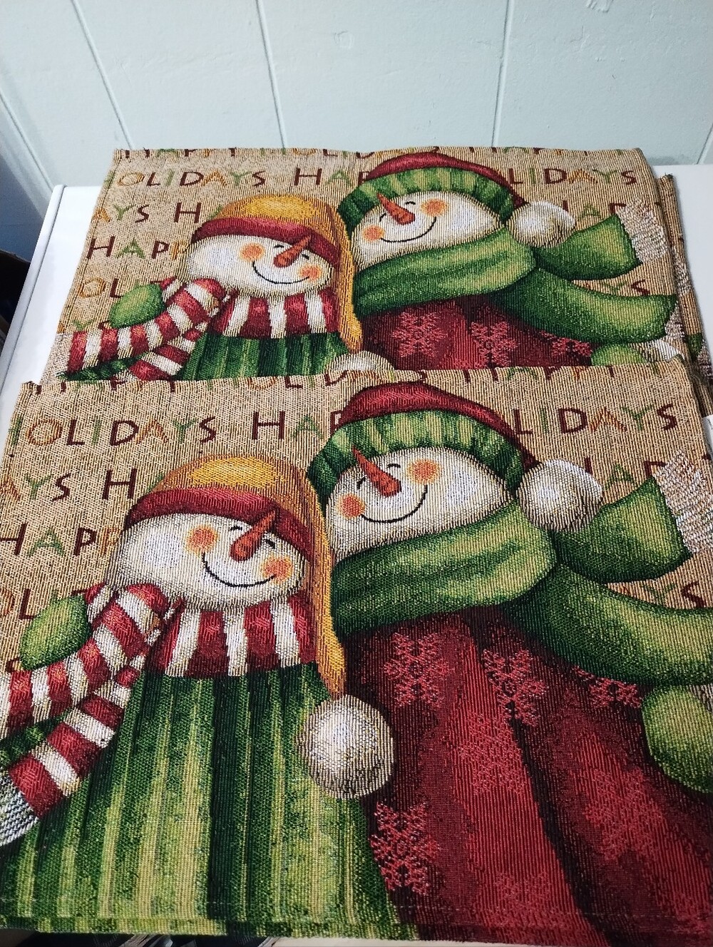 (5) Holiday Snowman Woven Tapestry Placemat Set - Green & Red
